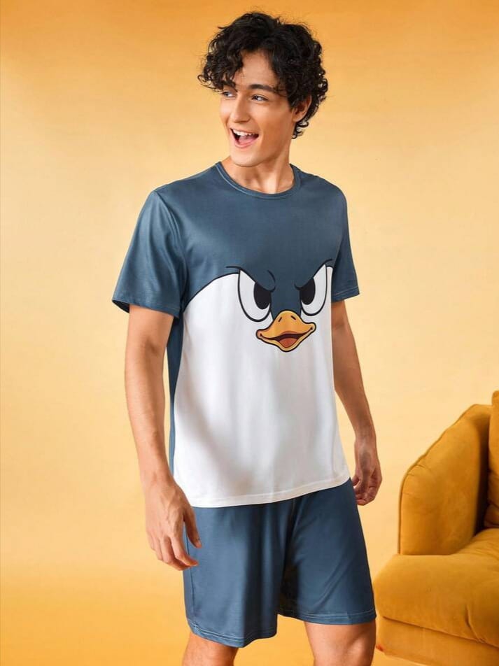 DEEPSLEEP Men's Funny Penguin Graphic Print T-Shirt Pajama Sleepwear Set